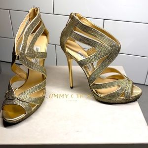 JIMMY CHOO Gold & Silver Collar Glitter Cage Stiletto Heels - size 37